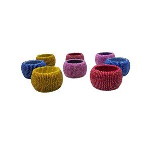 Vintage Multicolor Set of 8 Plastic Beaded Napkin Rings Set In Vibrant Colors